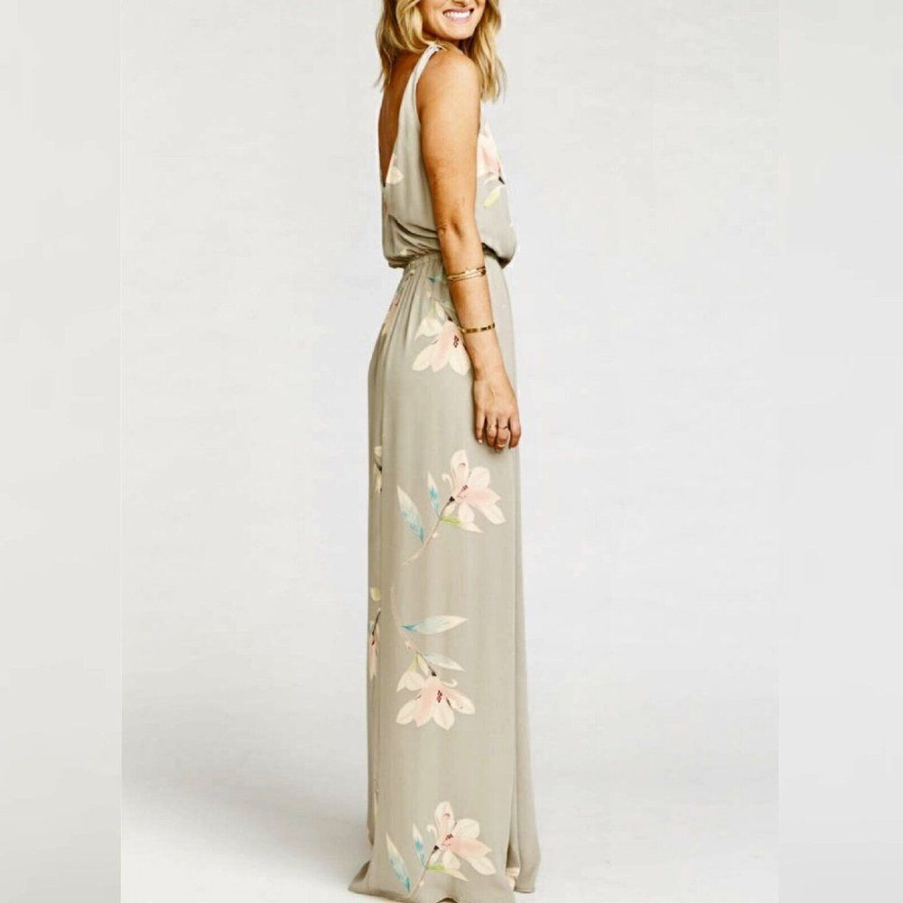 Show Me Your Mumu - XS -Kendall Maxi Dress V Neck Slit Blouson Lily Showers Gray - Picture 2 of 10